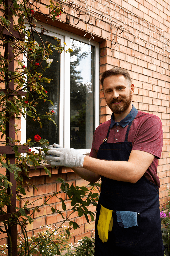 Professional doing gardening outside a house